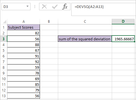 excel function deviation squared sum example calculate